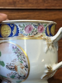 A rare Chinese Canton famille rose covered sugar bowl, a cup and saucer, 19th C.