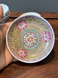 Nine Chinese famille rose cups and eight saucers, Yongzheng/Qianlong