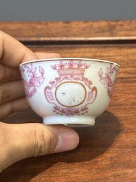 A 28-piece Chinese puce-enamelled and gilt armorial tea service with crowned monograms, Qianlong