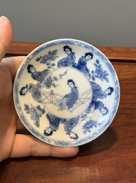 Six Chinese blue and white 'Long Eliza' cups and saucers, various marks, Kangxi
