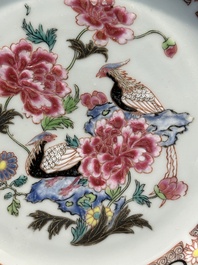 Four Chinese famille rose plates with flowers and animals, Yongzheng/Qianlong