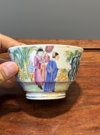 A rare Chinese Canton famille rose covered sugar bowl, a cup and saucer, 19th C.