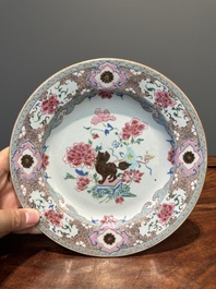 Four Chinese famille rose plates with flowers and animals, Yongzheng/Qianlong