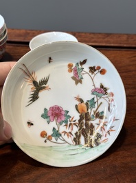 Nine Chinese famille rose cups and eight saucers, Yongzheng/Qianlong