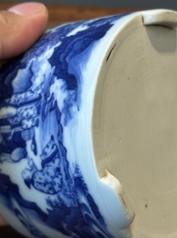 A Chinese blue and white rouleau vase and a tripod censer, Kangxi