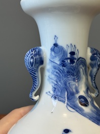 A Chinese blue, white and copper-red vase with warriors on horseback, Qianlong mark, 19th C.