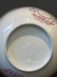 A 28-piece Chinese puce-enamelled and gilt armorial tea service with crowned monograms, Qianlong