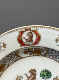 A Chinese grisaille armorial dish and two plates for the Dutch, English and Scottish markets, Qianlong