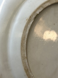 A pair of Chinese monogrammed Canton famille rose plates with black-glazed rims, 19th C.