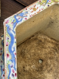 A pair of hexagonal Chinese Canton famille rose jardinieres on stands, 19th C.