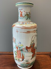A Chinese famille verte rouleau vase with narrative design, 19th C.