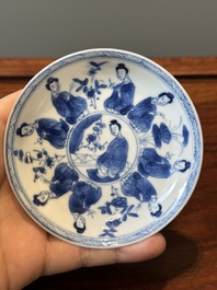 Six Chinese blue and white 'Long Eliza' cups and saucers, various marks, Kangxi