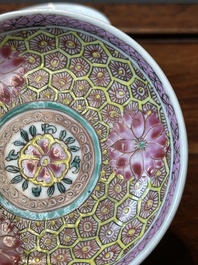 Nine Chinese famille rose cups and eight saucers, Yongzheng/Qianlong
