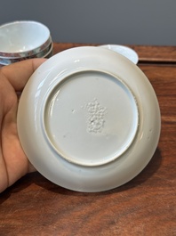 Nine Chinese famille rose cups and eight saucers, Yongzheng/Qianlong