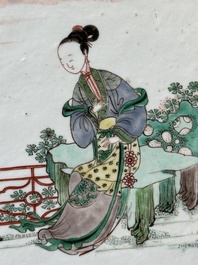A rectangular Chinese famille verte plaque in a wooden faux bamboo frame, Kangxi