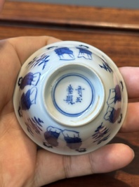 Six Chinese blue and white 'Long Eliza' cups and saucers, various marks, Kangxi