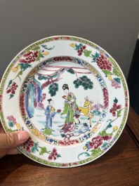A pair of Chinese famille rose 'Magu' plates, Yongzheng