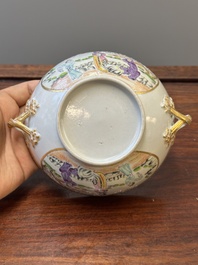 Een Chinese Canton famille rose dekselkom en bijbehorend bord, 19e eeuw