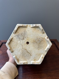 A pair of hexagonal Chinese Canton famille rose jardinieres on stands, 19th C.
