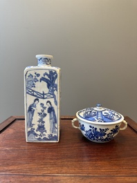 A Chinese blue and white square 'Long Eliza' flask and a covered bowl, Kangxi