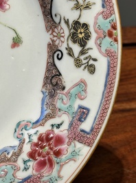 Four Chinese famille rose plates with flowers and animals, Yongzheng/Qianlong