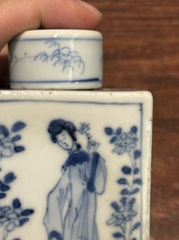 A rectangular Chinese blue and white 'Long Eliza' tea caddy and cover, Kangxi