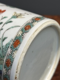 A Chinese famille verte cylindrical box and cover with gilt bronze mount, Kangxi