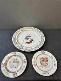 A Chinese grisaille armorial dish and two plates for the Dutch, English and Scottish markets, Qianlong