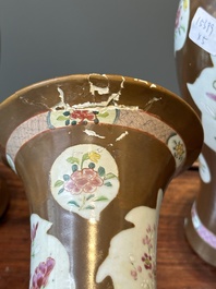A Chinese capucin-brown-ground famille rose garniture of five vases with floral design, Qianlong