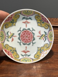 Five Chinese famille rose cups and six saucers with floral decor, Yongzheng/Qianlong