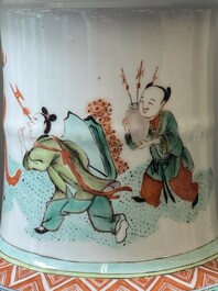 A Chinese famille verte rouleau vase with narrative design, 19th C.