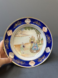 A rare Chinese Canton famille rose plate with a blue-glazed border, 19th C.