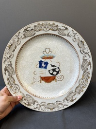 A Chinese grisaille armorial dish and two plates for the Dutch, English and Scottish markets, Qianlong