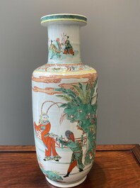 A Chinese famille verte rouleau vase with narrative design, 19th C.