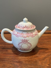 A 28-piece Chinese puce-enamelled and gilt armorial tea service with crowned monograms, Qianlong