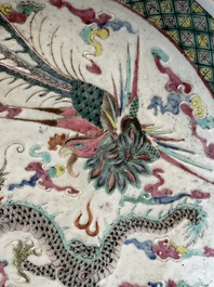 A Chinese famille verte dish, a famille rose basin and a dish, 19th C.