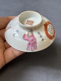 Een Chinese famille rose 'Wu Shuang Pu' dekselkom, vier deksels en een schotel, Daoguang/Xianfeng
