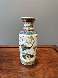 A Chinese famille verte 'mandarin duck and lotus' rouleau vase , 19th C.