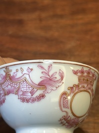 A 28-piece Chinese puce-enamelled and gilt armorial tea service with crowned monograms, Qianlong