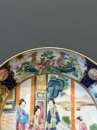 A rare Chinese Canton famille rose covered sugar bowl, a cup and saucer, 19th C.