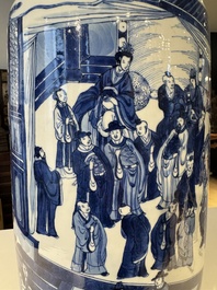 A large Chinese blue and white 'Guo Ziyi 郭子儀拜壽' rouleau vase, Kangxi