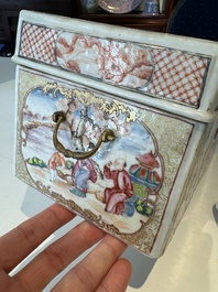Tr&egrave;s rare coffret d'ensemble &agrave; th&eacute; en porcelaine de Chine famille rose de Canton &agrave; d&eacute;cor mandarin, Qianlong