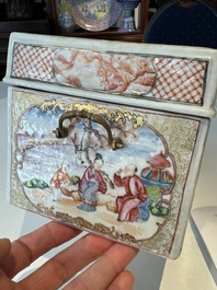Tr&egrave;s rare coffret d'ensemble &agrave; th&eacute; en porcelaine de Chine famille rose de Canton &agrave; d&eacute;cor mandarin, Qianlong