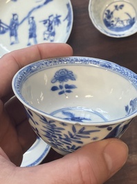 A collection of 15 Chinese blue and white cups and 19 saucers, Kangxi/Yongzheng