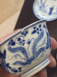 A collection of 15 Chinese blue and white cups and 19 saucers, Kangxi/Yongzheng
