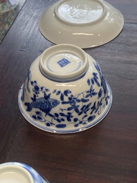 A collection of 15 Chinese blue and white cups and 19 saucers, Kangxi/Yongzheng