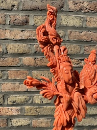 A Chinese red coral figure of Xiwangmu on wooden stand, 19/20th C.