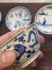 A collection of 15 Chinese blue and white cups and 19 saucers, Kangxi/Yongzheng