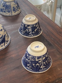A collection of 15 Chinese blue and white cups and 19 saucers, Kangxi/Yongzheng