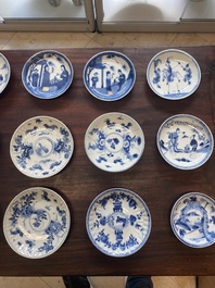 A collection of 15 Chinese blue and white cups and 19 saucers, Kangxi/Yongzheng